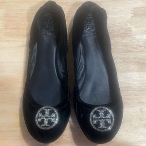 Tory Burch Suede Embellished Logo Ballerina Flats